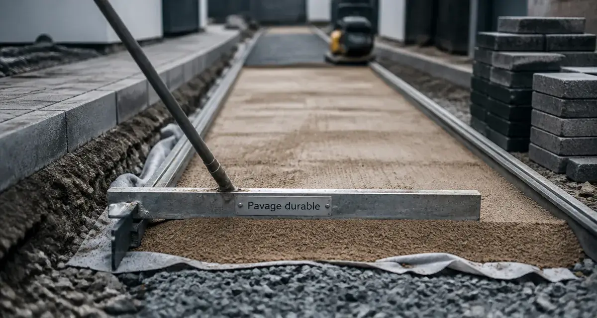 Pose pavage : allée stable, lit de pose en sable et pavés en chantier