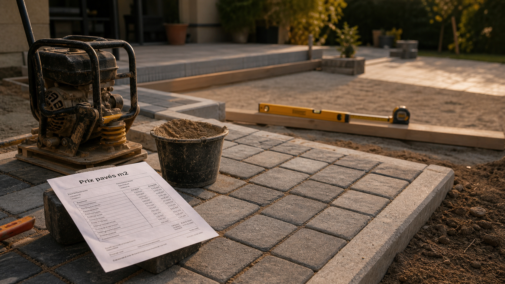 Pose pavé prix m2 : chantier de pavage extérieur, pavés et vibro
