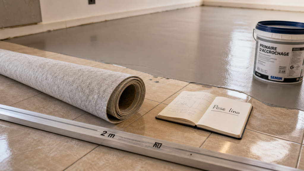 Poser du lino sur carrelage : rouleau de lino sur carrelage beige avant-après