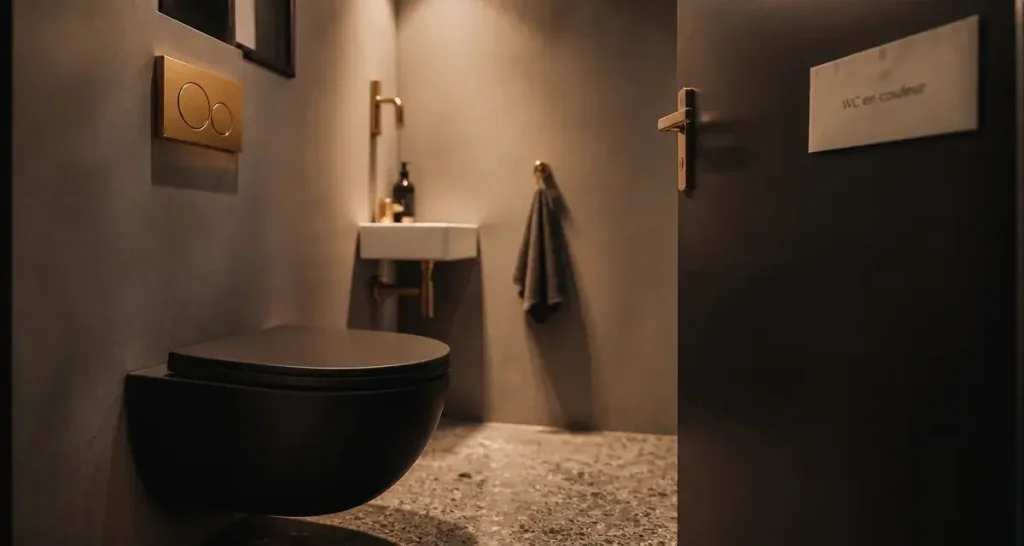 Toilette coloré : WC suspendu noir mat et laiton brossé