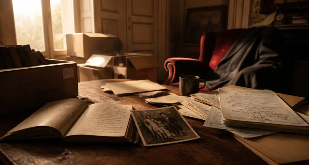 Vider maison après décès, cartons et documents sur table