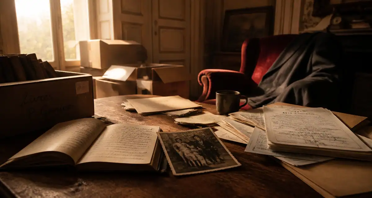 Vider maison après décès, cartons et documents sur table