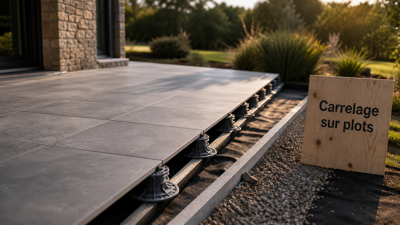 Carrelage sur plot inconvenients : terrasse sur plots réglables, vue des dalles et du vide technique