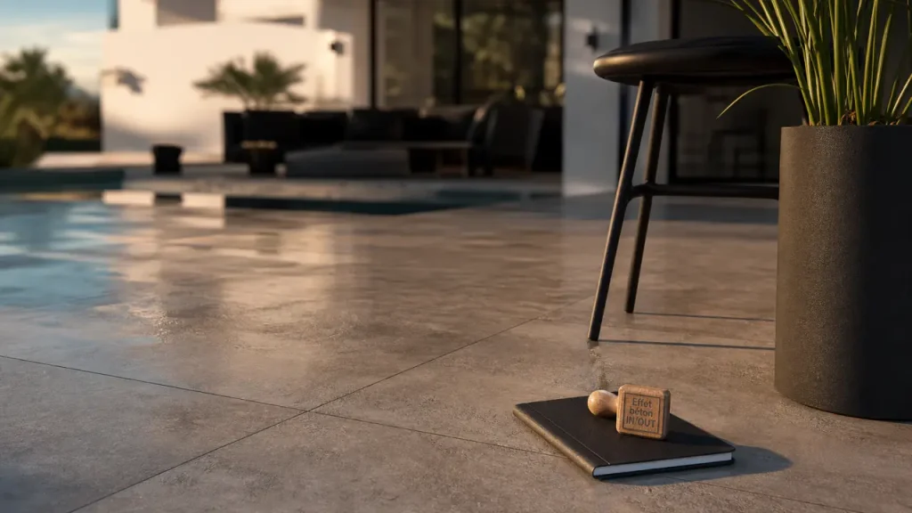 Carrelage terrasse moderne effet béton antidérapant, pose extérieure sur terrasse