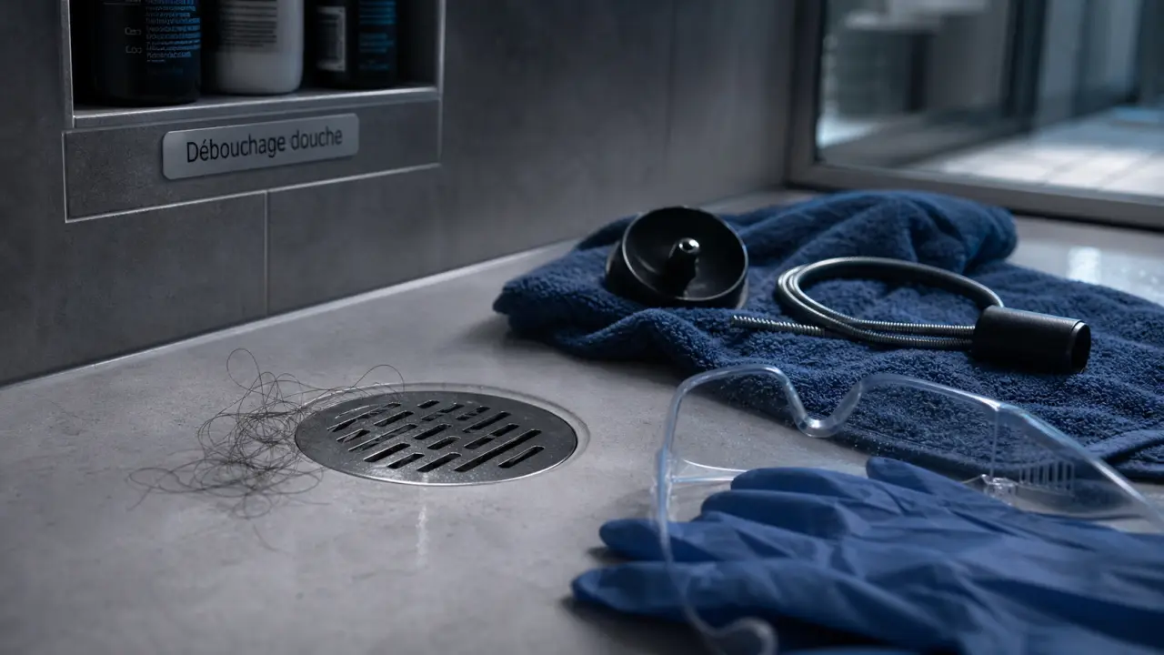 Déboucher douche produit : ventouse et furet pour enlever les cheveux de la bonde