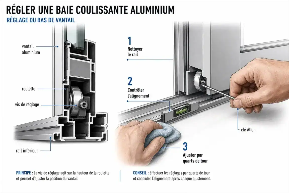 Réglage baie coulissante aluminium : schéma pas à pas du rail inférieur, des roulettes et des vis de réglage