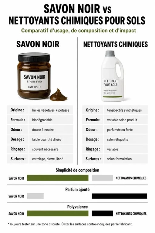 Tableau comparatif des avantages du savon noir pour le nettoyage des sols par rapport aux produits chimiques