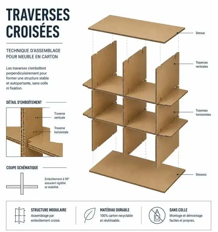 Schéma technique de la technique des traverses croisées pour la fabrication de meuble en carton