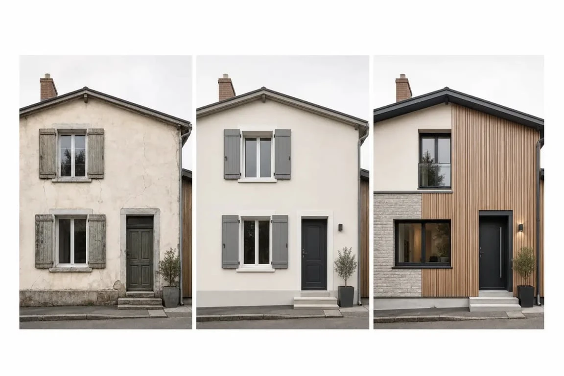 Solutions rénover ou embellir façade : avant/après d’une maison avec enduit, peinture et bardage bois