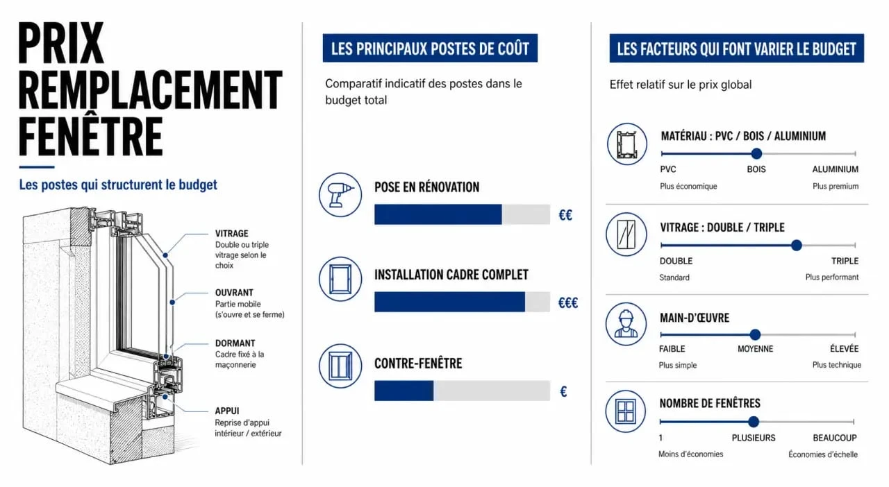 Infographie sur le prix remplacement fenêtre avec fourchettes de coûts et facteurs de variation