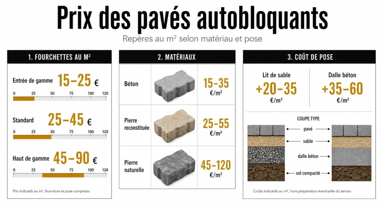 Prix des pavés autobloquants : comparaison visuelle des coûts au m², des matériaux et de la pose