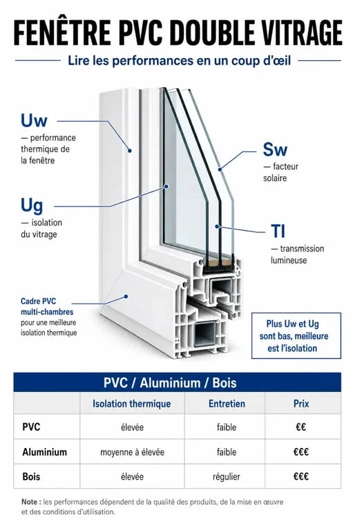 Infographie sur les fenêtres double vitrage PVC avec comparaison des performances, des matériaux et des prix