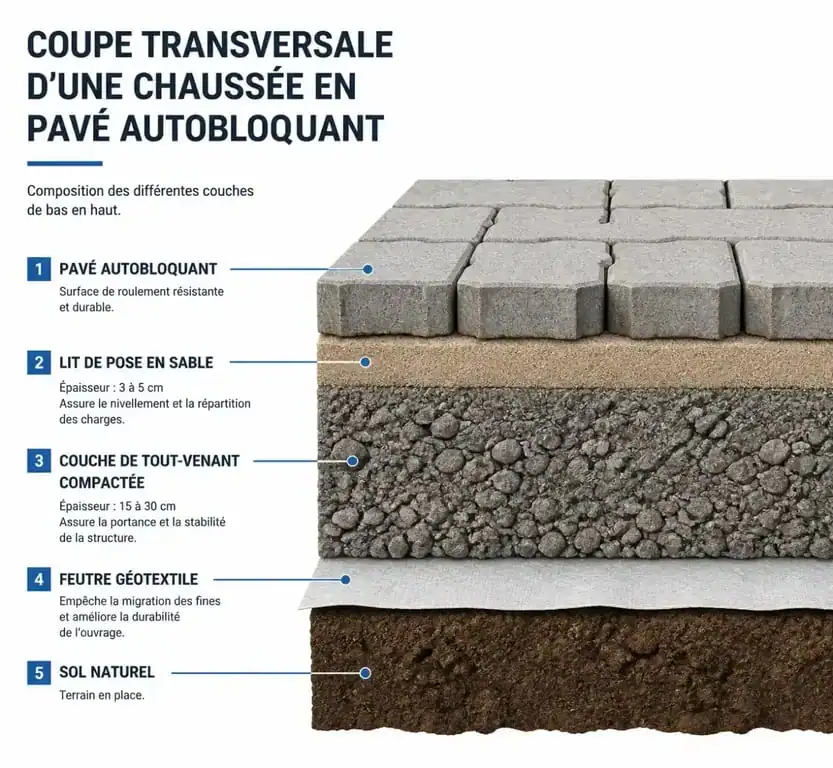 Schéma en coupe des étapes de pose d'un pavé autobloquant