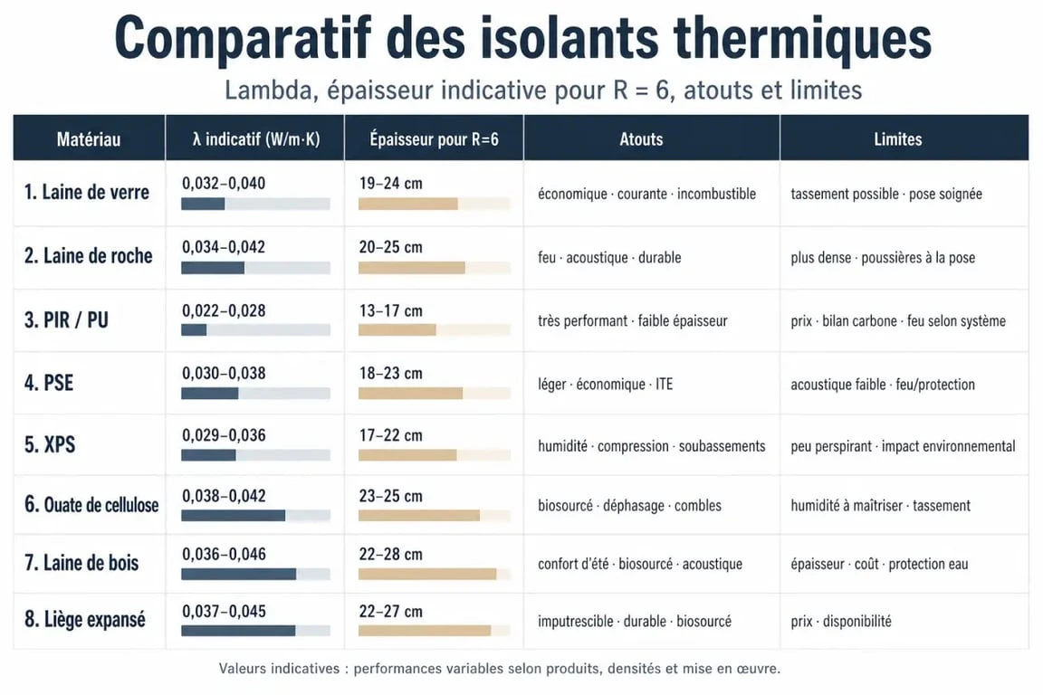 Tableau comparatif isolant thermique des principaux matériaux avec lambda, épaisseur pour R=6 et prix indicatif