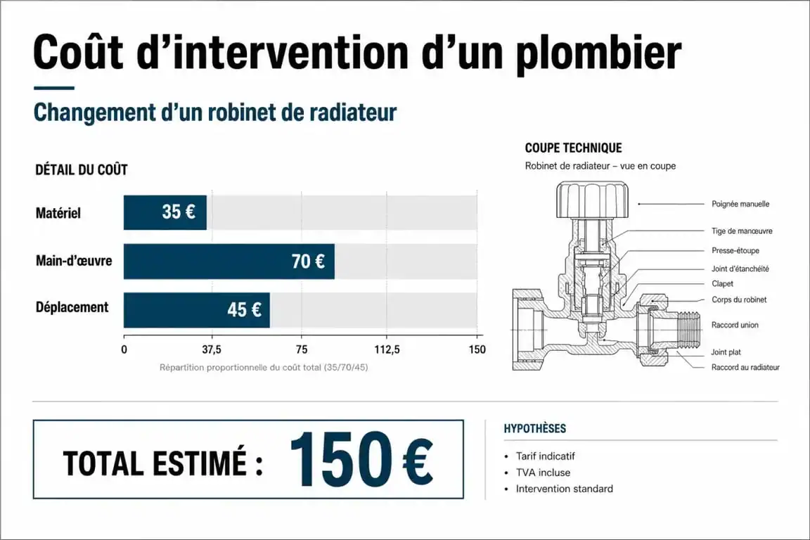 Infographie du prix d'un plombier pour changer un robinet de radiateur : décomposition des coûts