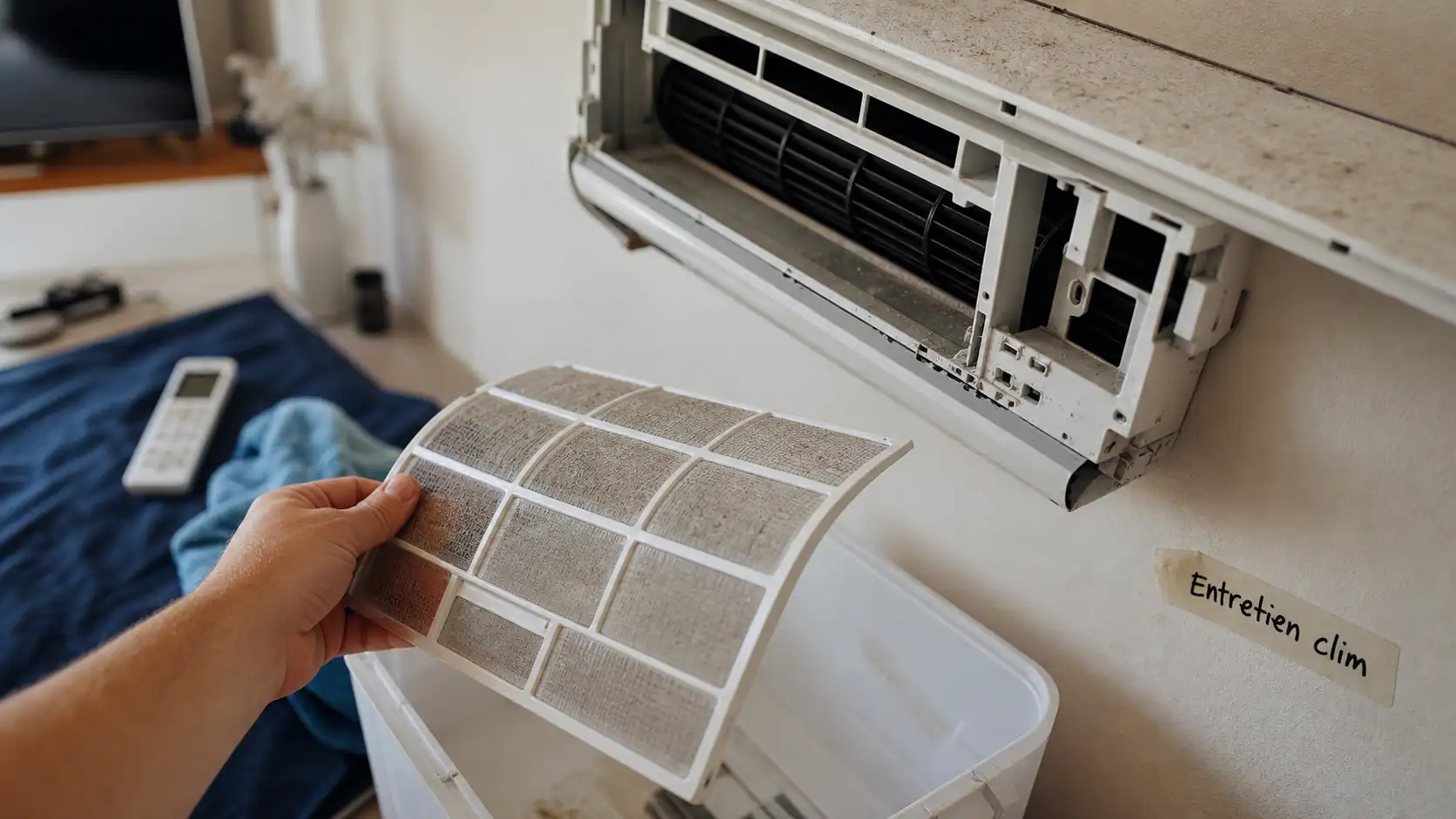 Entretien climatiseur : main tenant filtre de split, poussière visible