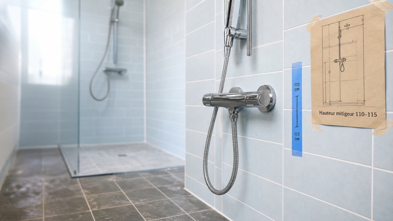 Hauteur mitigeur douche 110–115 cm, repère mural sur douche contemporaine