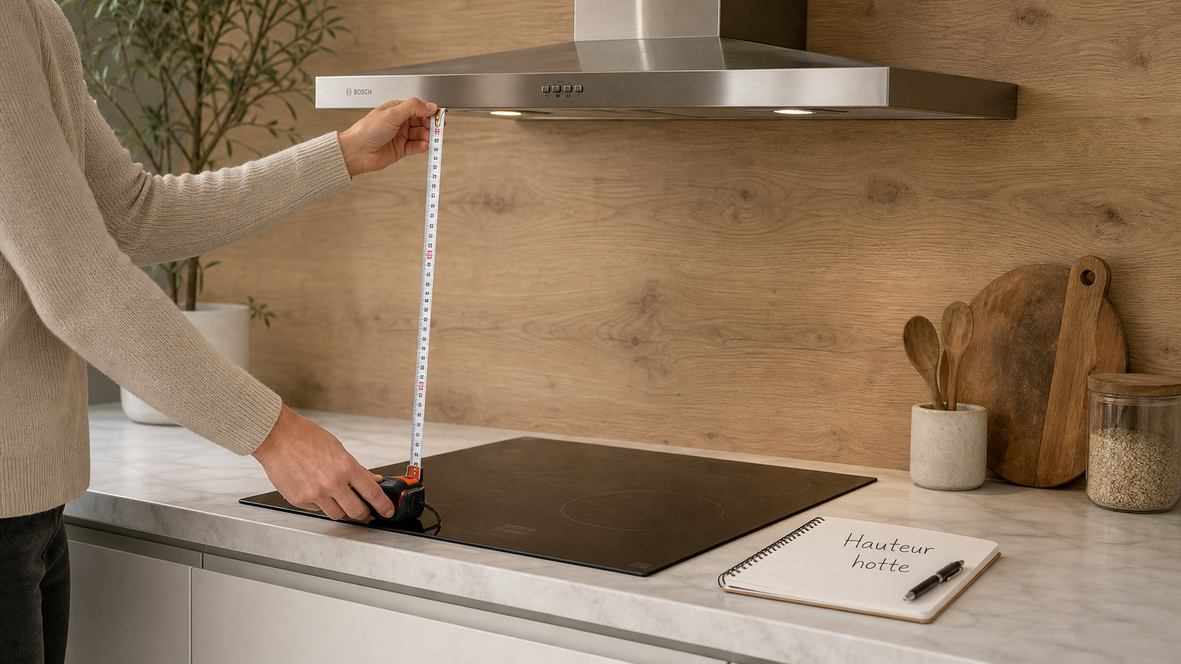 Hauteur plan de travail hotte : mesure 65 cm sous la hotte