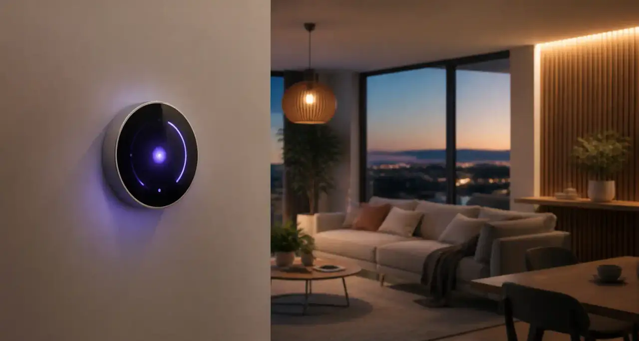 Thermostat connecté au mur d'un salon moderne, lumière indigo douce