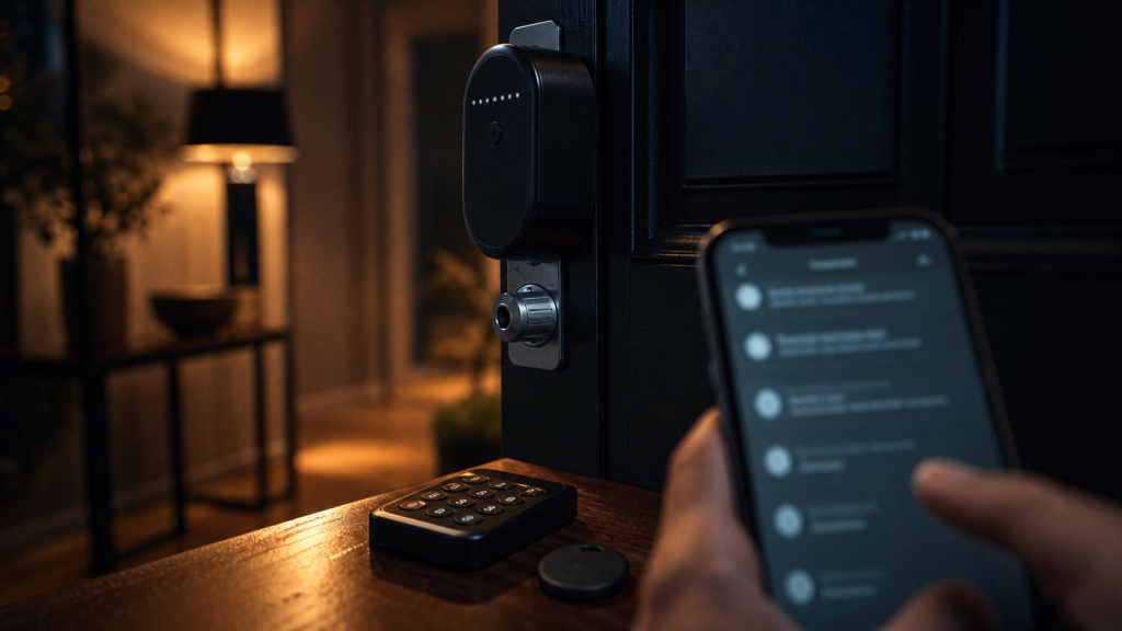 Meilleure serrure connectée : serrure retrofit noir mat, clavier code et RFID