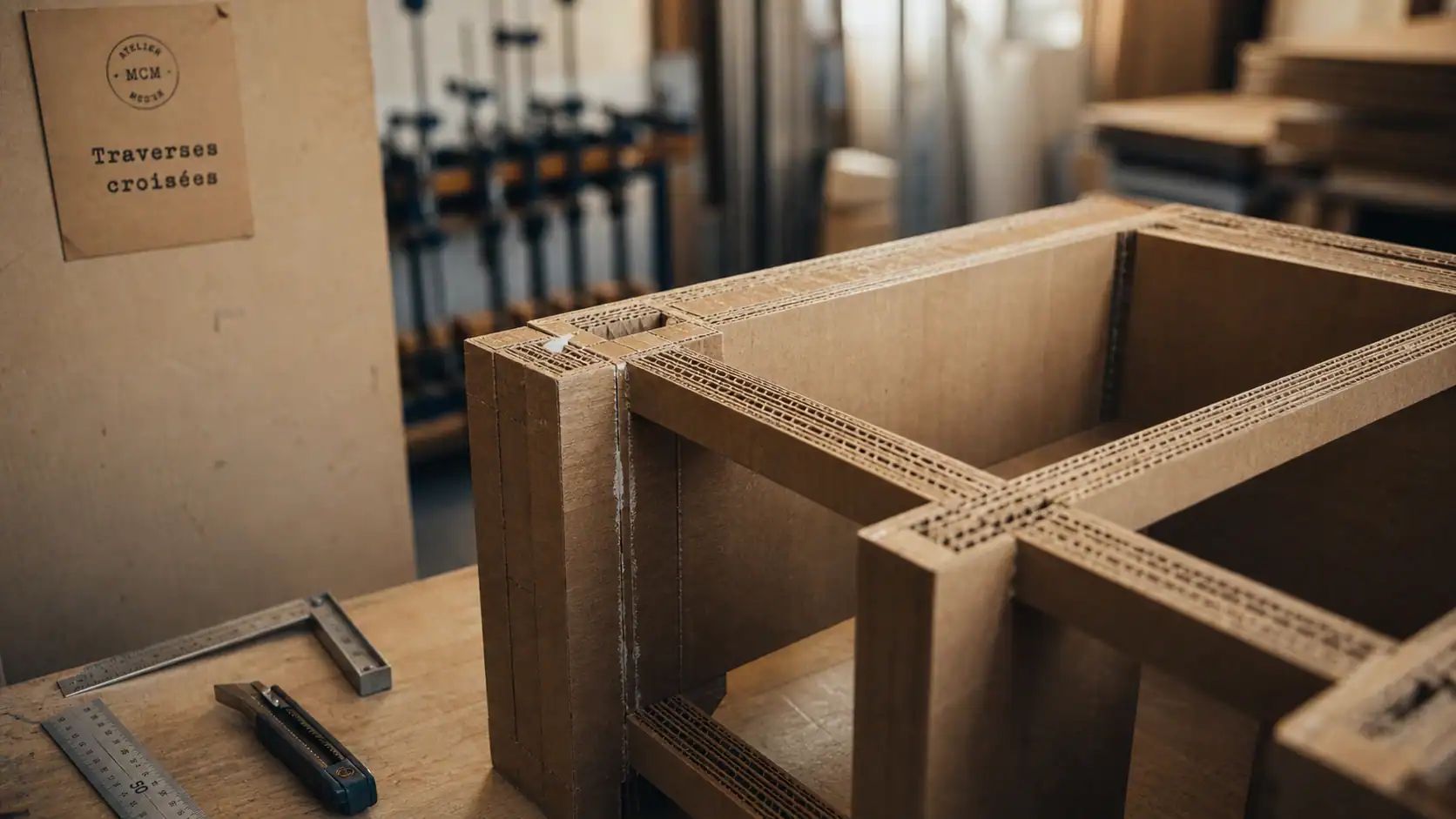 Meuble en carton fabrication en atelier, carton double cannelure