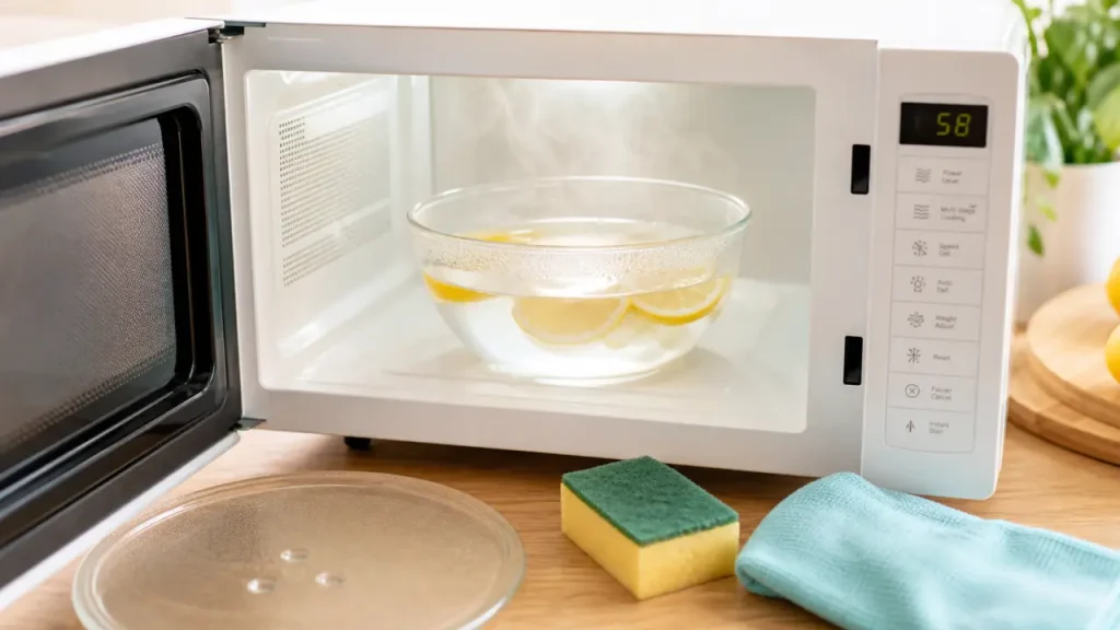 Nettoyage micro onde vapeur au citron, microfibre et éponge propres