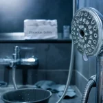 Pas de pression douche : pommeau de douche entartré et calcaire visible