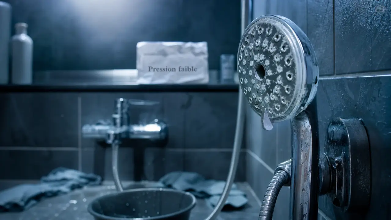 Pas de pression douche : pommeau de douche entartré et calcaire visible