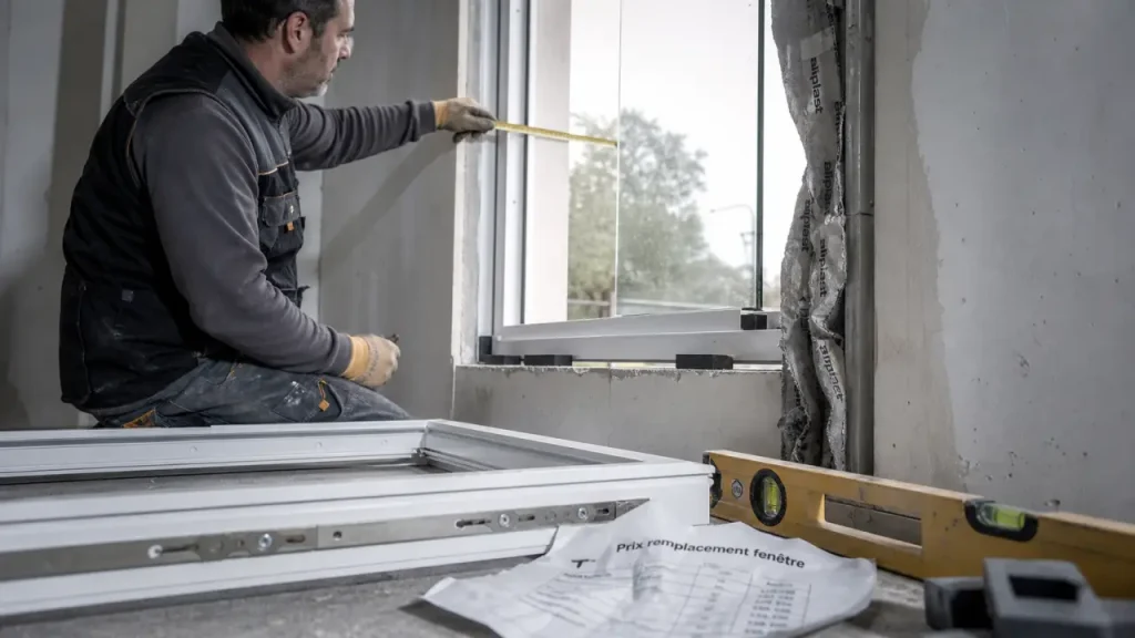 Prix remplacement fenetre : artisan installe une fenêtre neuve