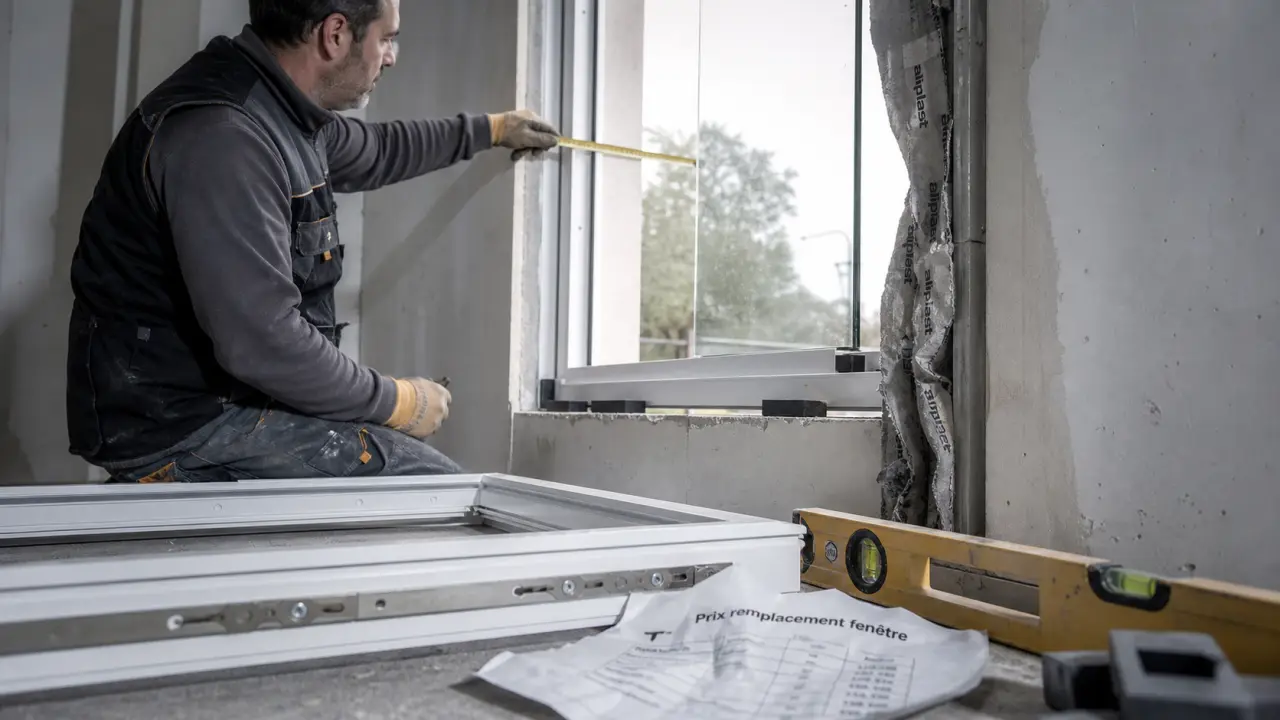 Prix remplacement fenetre : artisan installe une fenêtre neuve