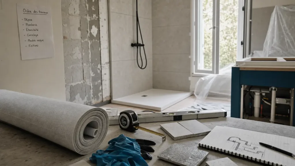 Renover une salle de bain : chantier de ventilation en rénovation, douche à l’italienne