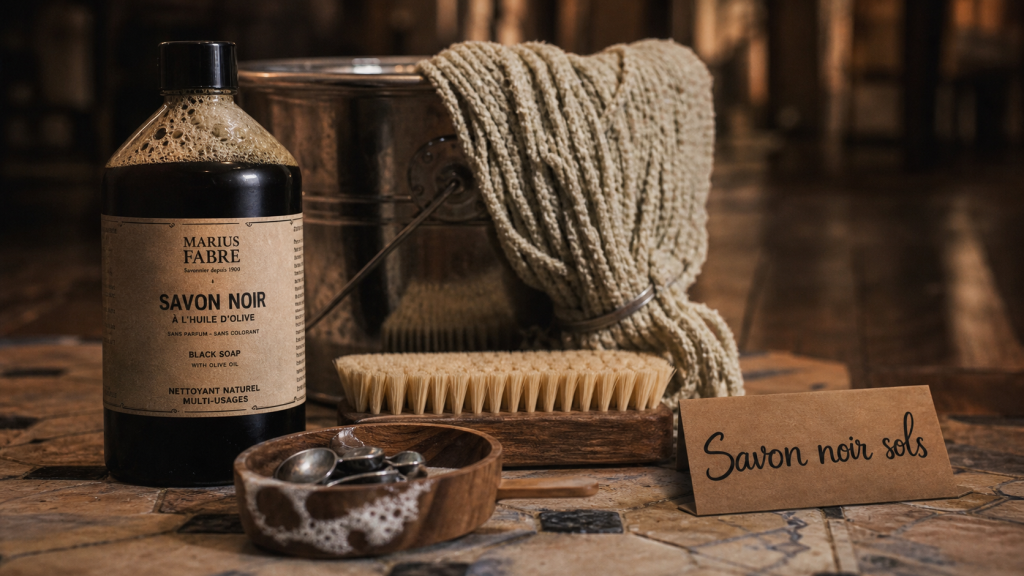Savon noir nettoyage sol : seau, serpillère et dosage