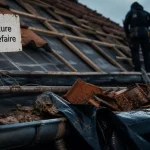 Toiture à refaire : tuiles cassées, artisan sur échelle, bâche chantier