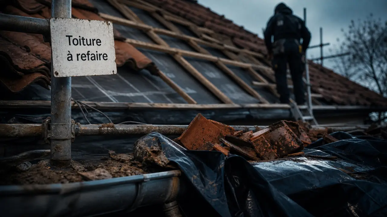 Toiture à refaire : tuiles cassées, artisan sur échelle, bâche chantier