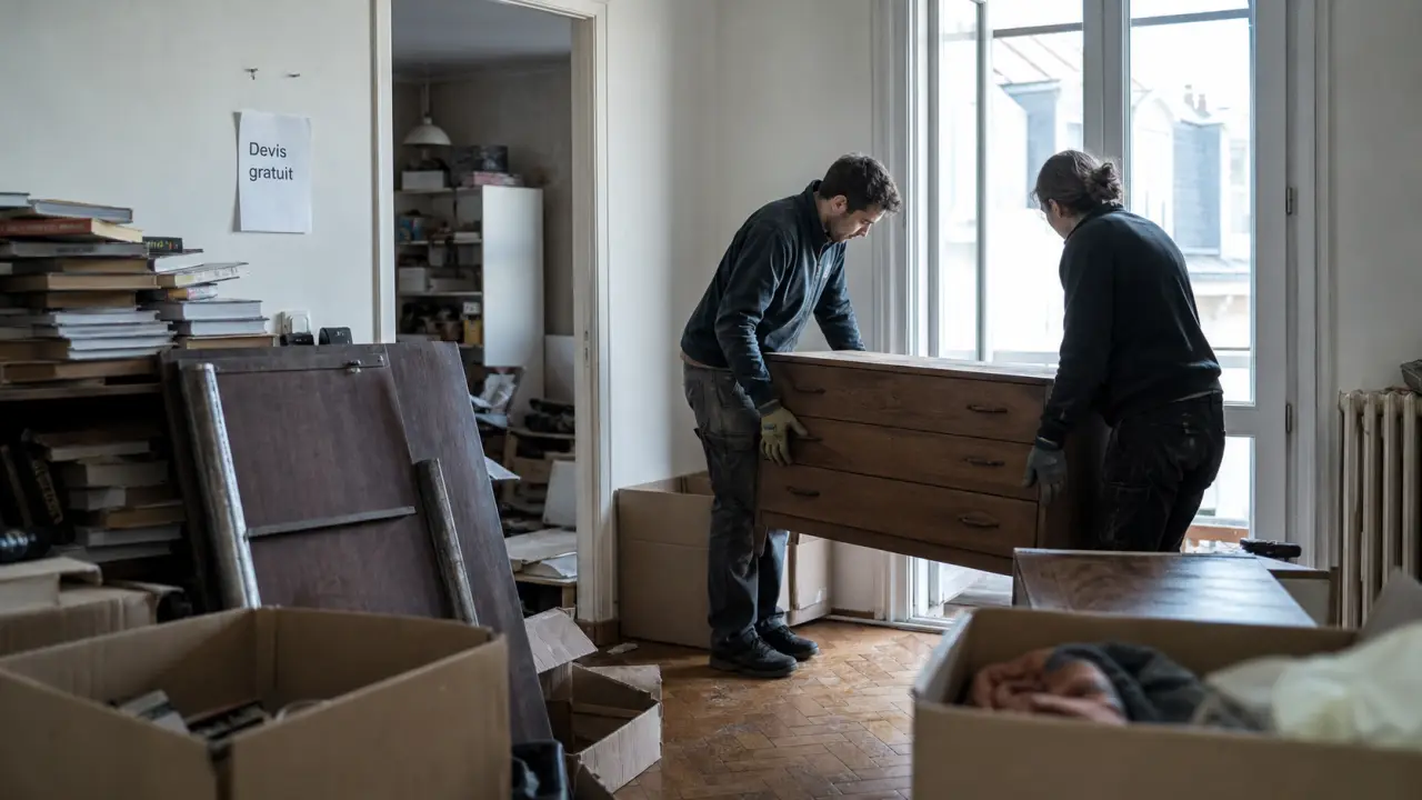 Vide appartement : équipe de débarras avec cartons et meubles