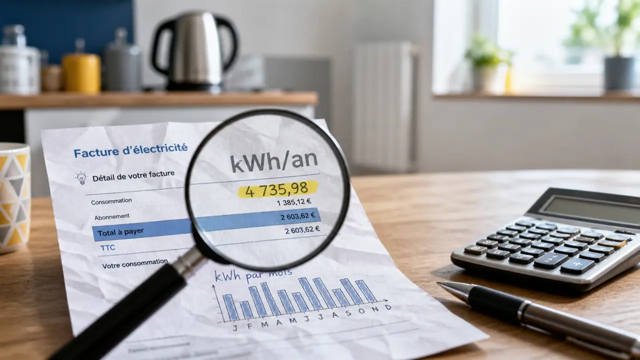 Consommation électrique moyenne par mois, 292 kWh par mois, chauffage et logement