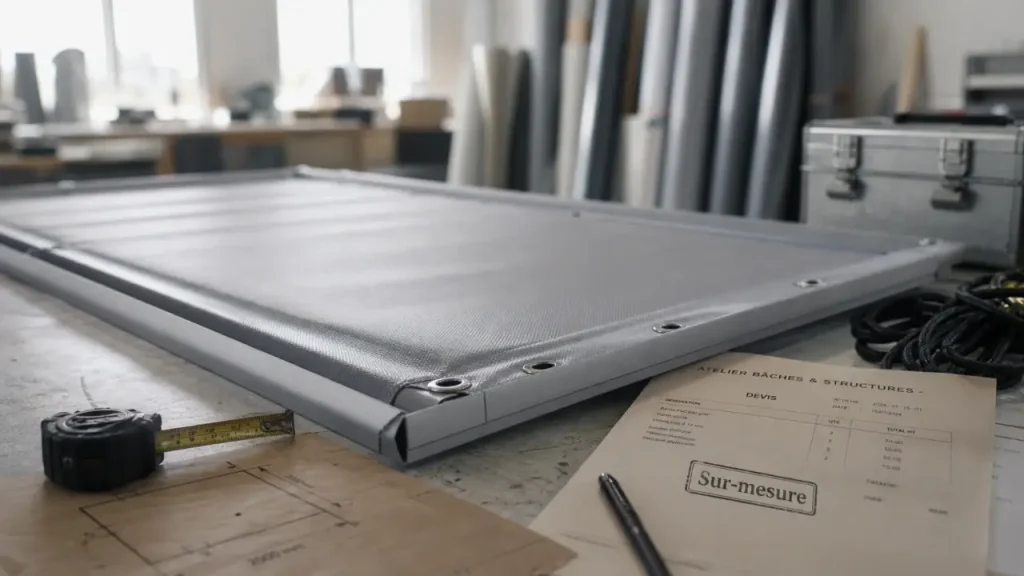 Bache sur mesure avec œillets inox et sandow sur profilé aluminium