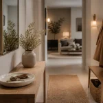 Déco entrée maison : console en chêne clair, miroir et rangement