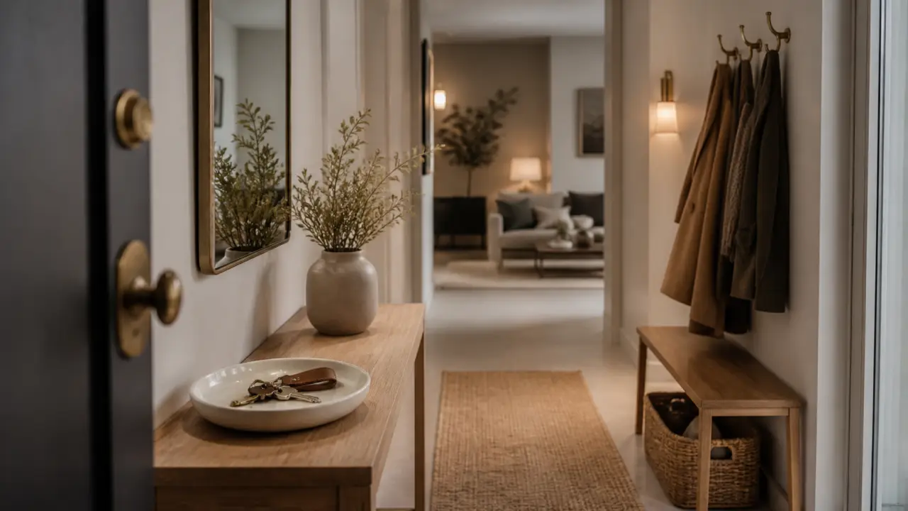 Déco entrée maison : console en chêne clair, miroir et rangement