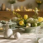 Décoration maison Pâques : table brunch œufs et fleurs