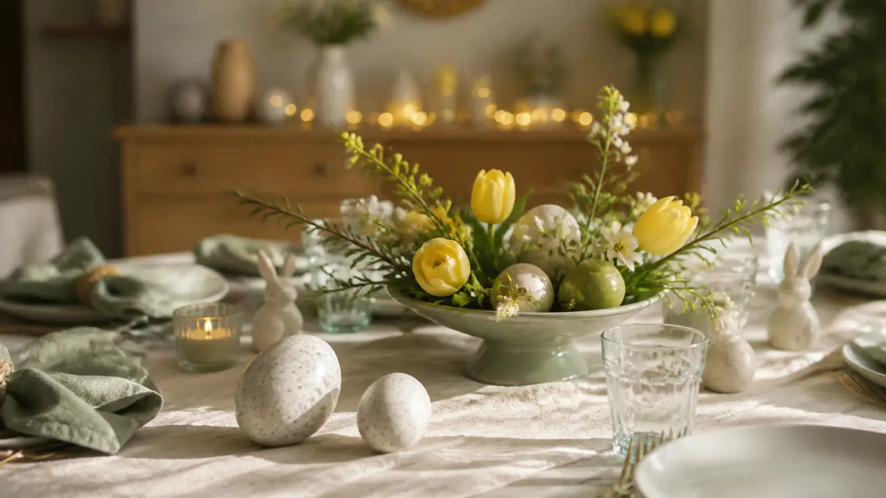 Décoration maison Pâques : table brunch œufs et fleurs