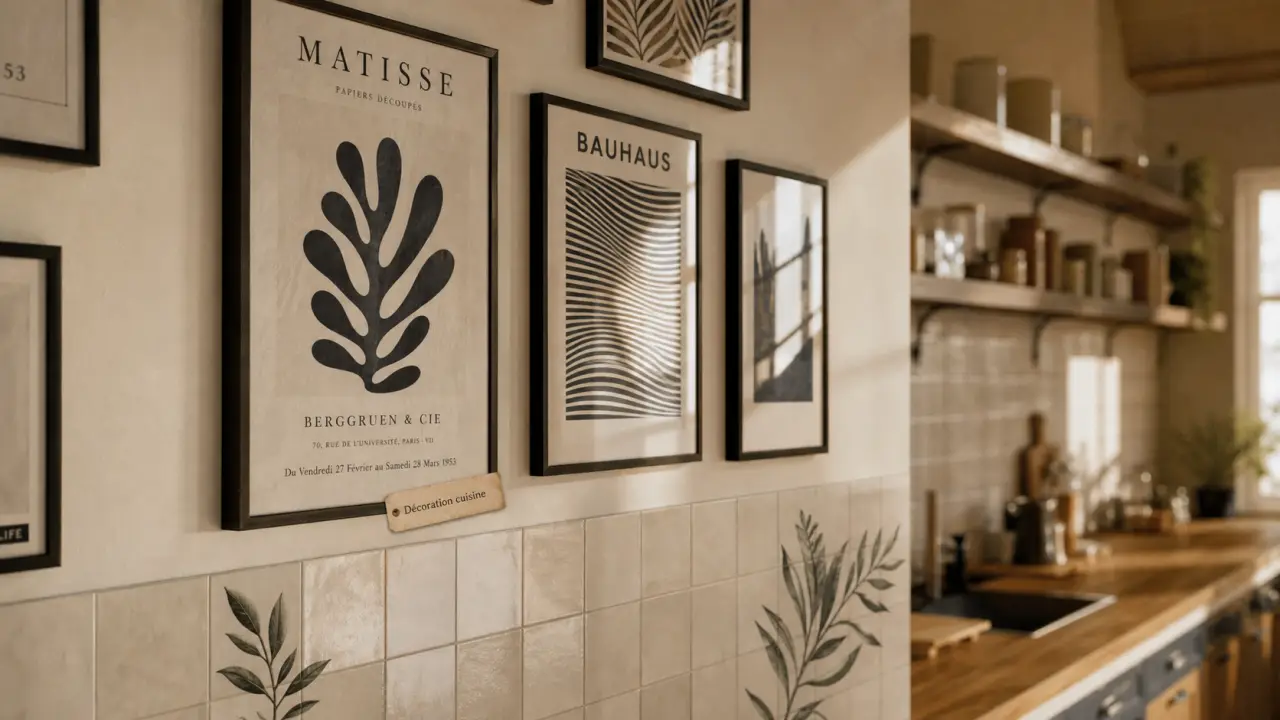 Décoration murale cuisine : cadres et stickers sur mur près de la crédence