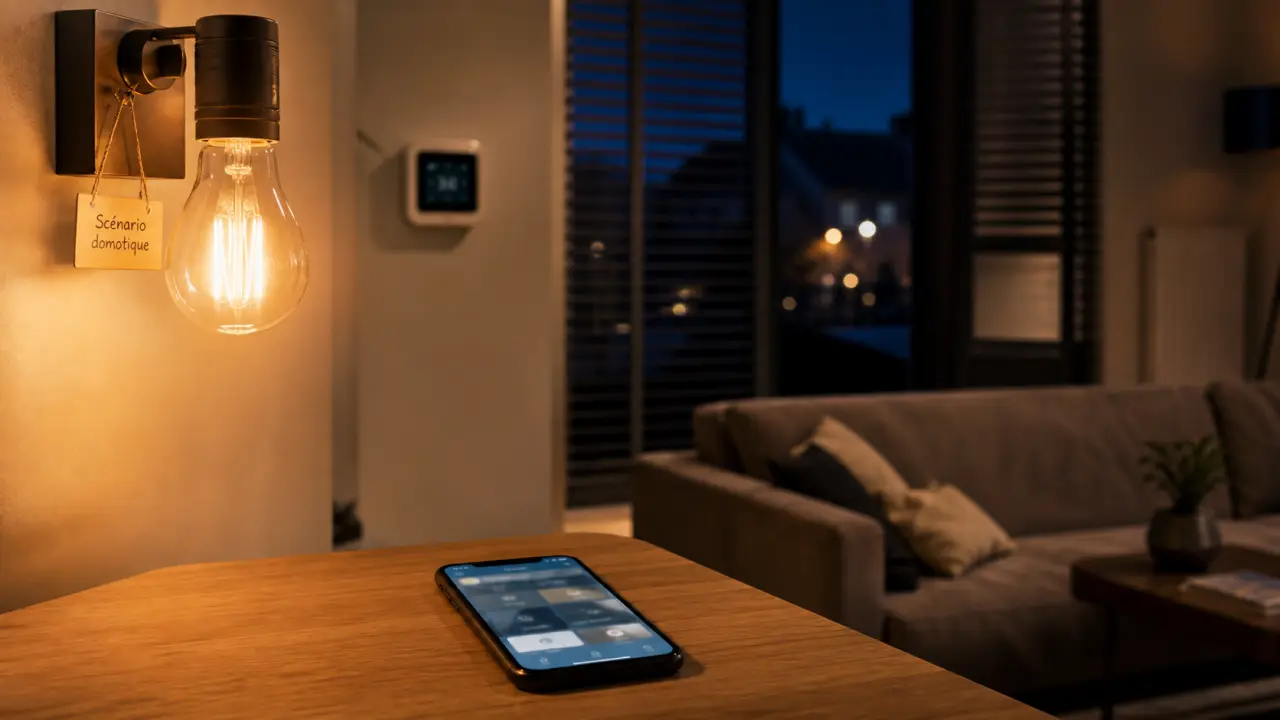 Domotique exemple : salon moderne avec interface domotique, thermostat et ampoules connectées