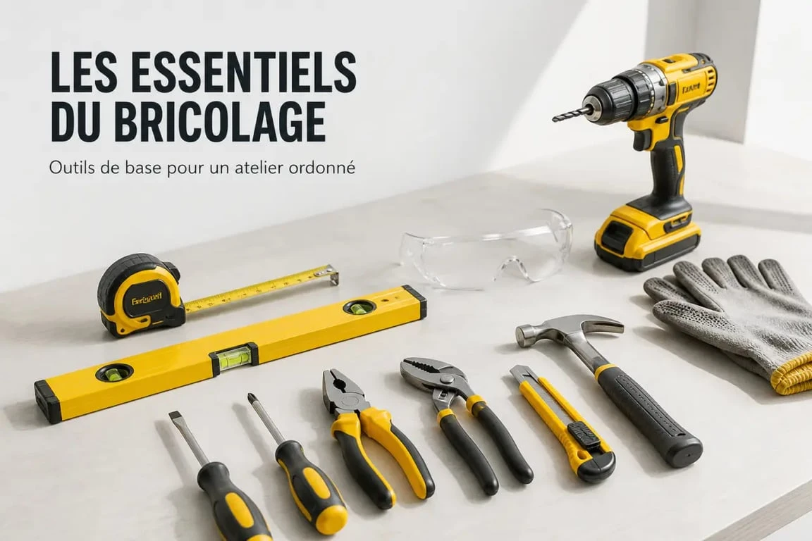 Outils bricolage essentiels rangés sur un établi avec protections de sécurité
