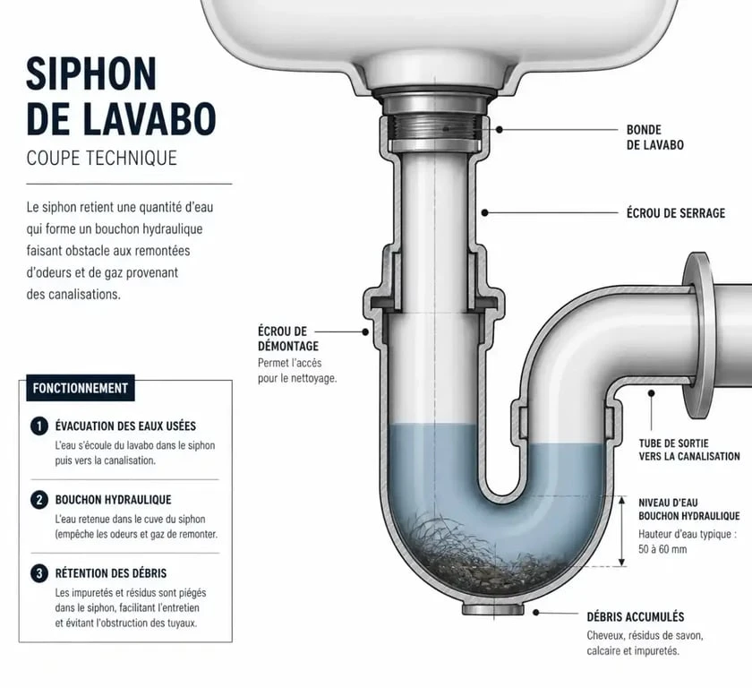 Schéma explicatif d'un siphon de lavabo pour comprendre comment déboucher une canalisation