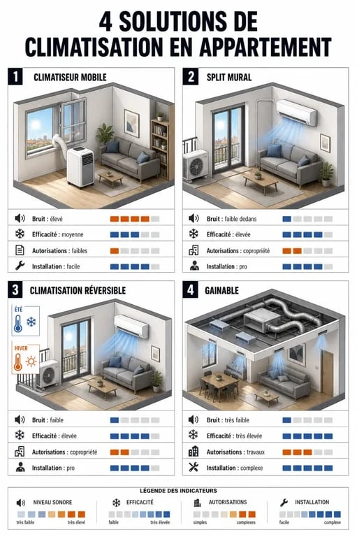 Comment climatiser un appartement : comparatif des solutions mobile, split, réversible et gainable