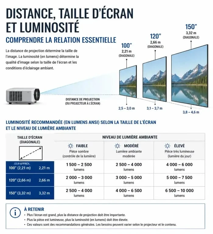 Infographie technique pour choisir son vidéoprojecteur selon la distance et la luminosité