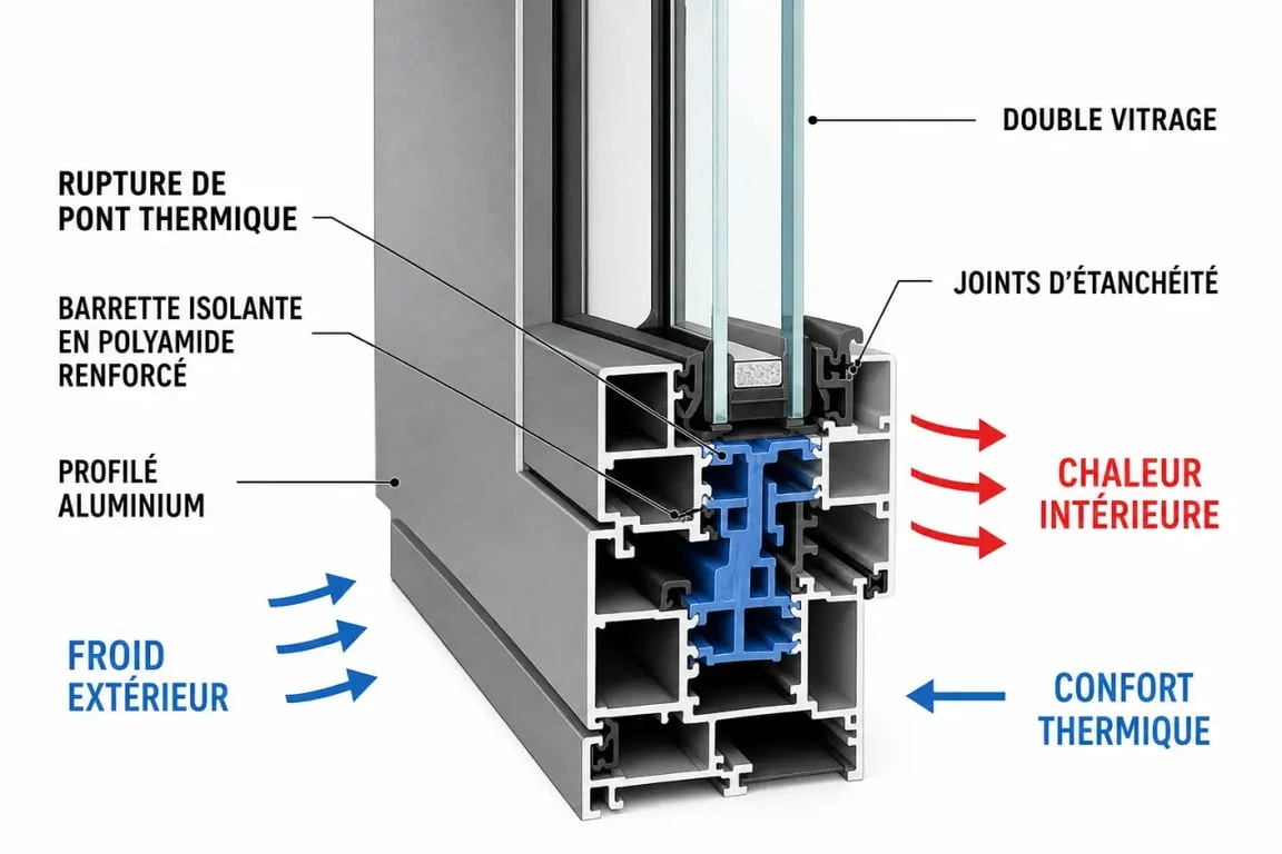 Isolation thermique fenetre alu : schéma en coupe d’une fenêtre aluminium avec rupture de pont thermique et double vitrage