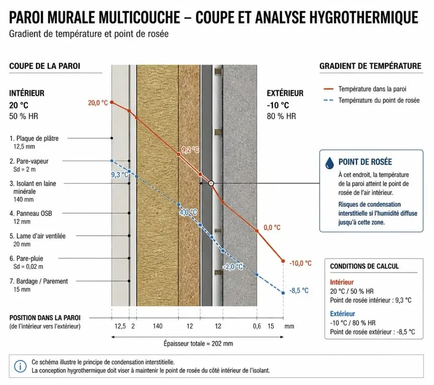 Schéma technique d'une paroi murale montrant le calcul de la résistance thermique et le point de rosée pour l'isolation thermique