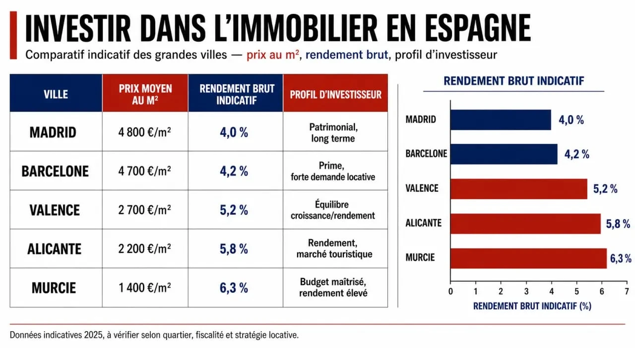 Investissement immobilier en Espagne : comparaison visuelle des villes de Madrid, Barcelone, Valence, Alicante et Murcie